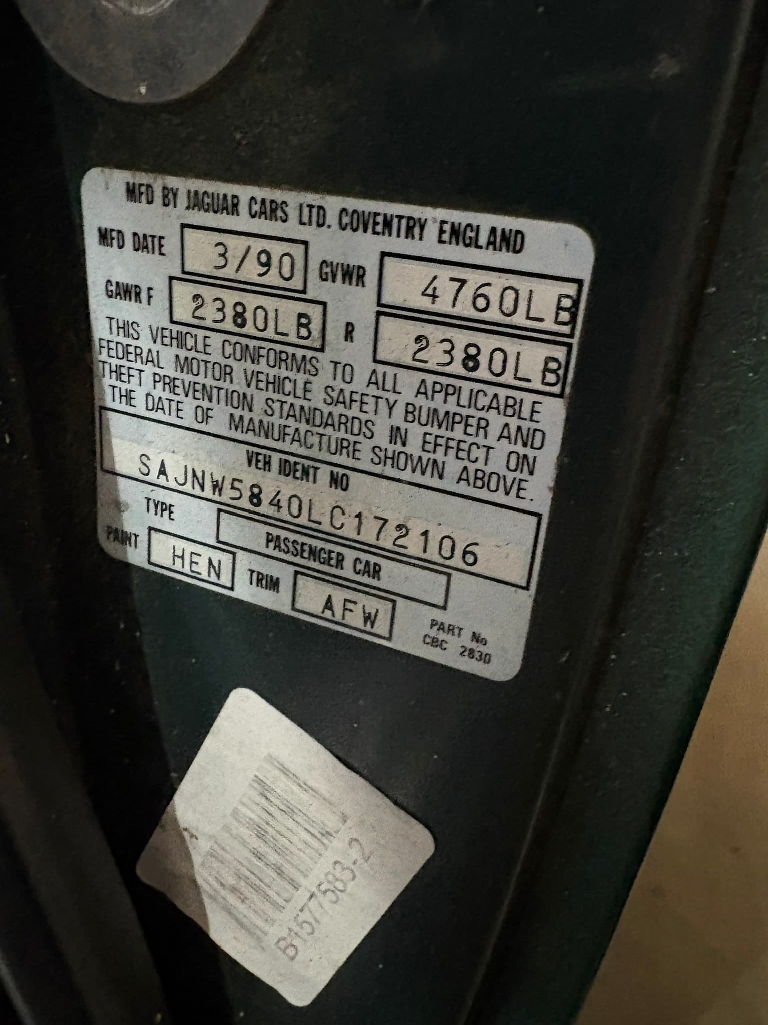 Manufactured March 1990, Jaguar Cars Ltd, Coventry England. Paint code HEN, Trim AFW. A nice piece of history.