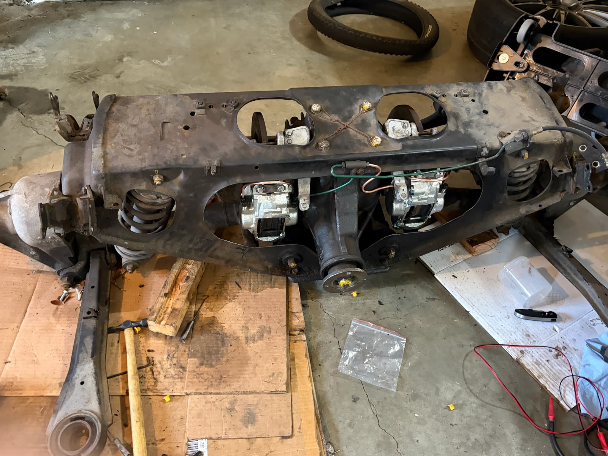 Rear subframe out - new brake calipers visible on the inboard brakes. Nothing is straight forward .... needed new fixings and had to make brake lines with bulb flares.